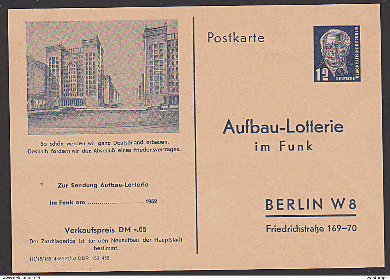 DDR FP1 Ganzsache "Aufbau-Lotterie Im Funk" Ungebraucht Mit Propa "... Fordern Abschluss Eines Friedensvertrages" - Postcards - Mint