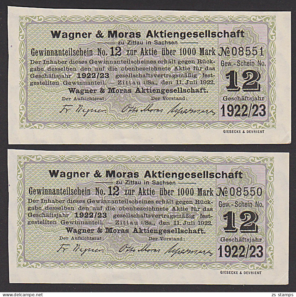 Zittau Wagner & Moras 2 Gewinnanteilscheine 1922/23, Gute Erhaltung Textilindustrie - Textile