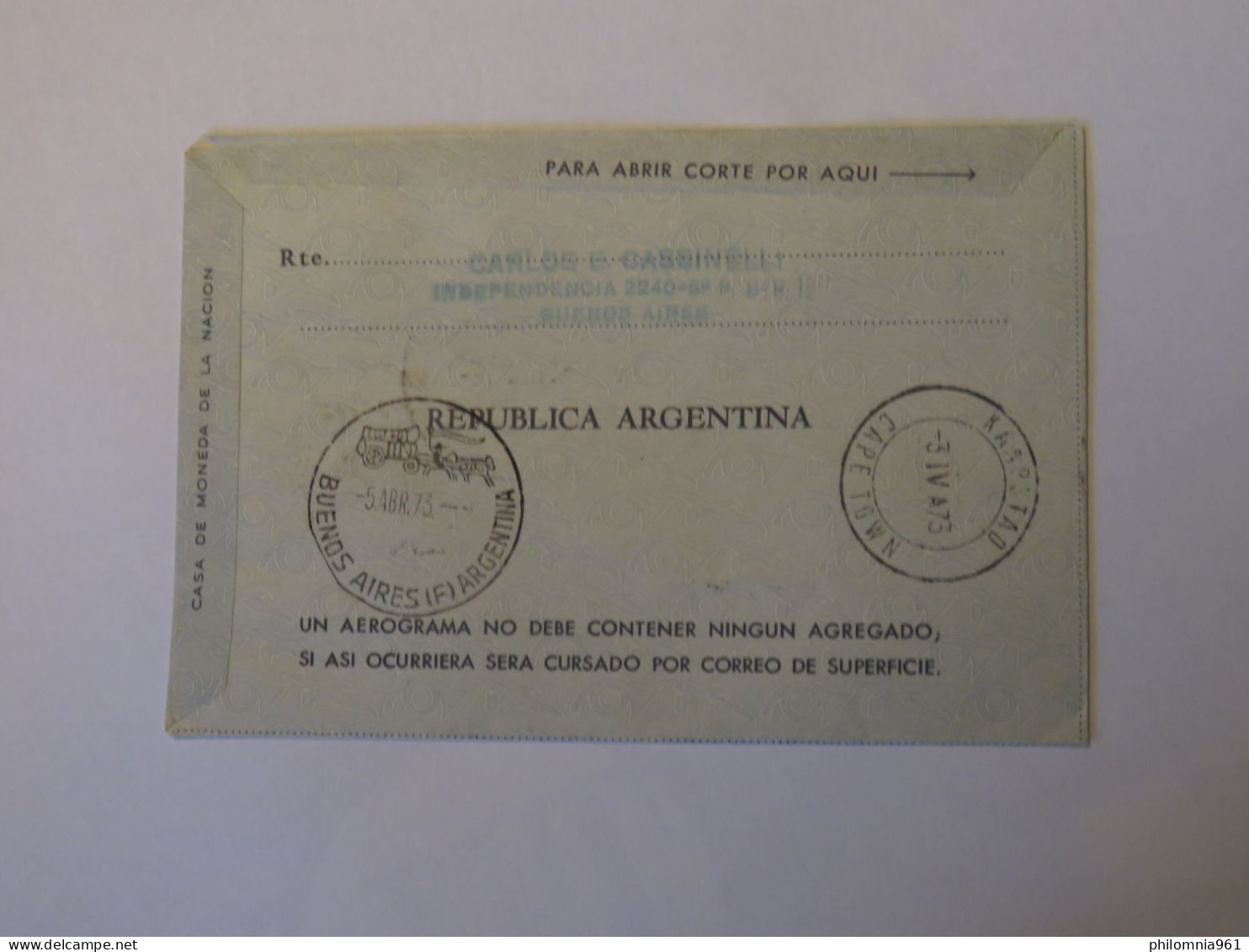 ARGENTINA FIRST FLIGHT COVER 1973 - Used Stamps