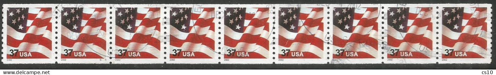 USA 2002 Flag Water Activated C.37 Coil P.9.75 Vert. - SC.# 3631 VFU Used Strip 9pcs Incl. 2nd Piece WITH Plate # S1111 - Coils & Coil Singles