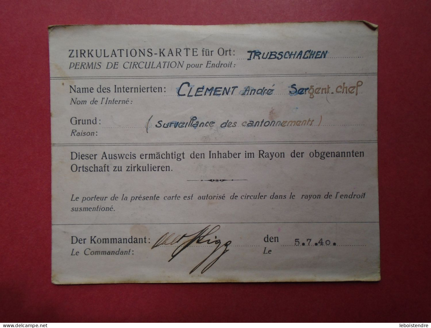 PERMIS DE CIRCULATION  ZIRKULATIONS KARTE FUR ORT TRUBSCHACHEN  5 7 40 - Documents