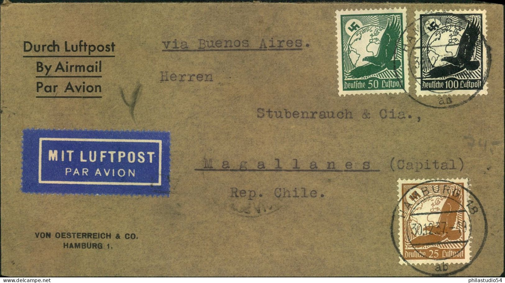 1937, Luftpostbrief Von HAMBURG Nach MADELLANES, Im äußersten Süden Von Chile - Lettres & Documents