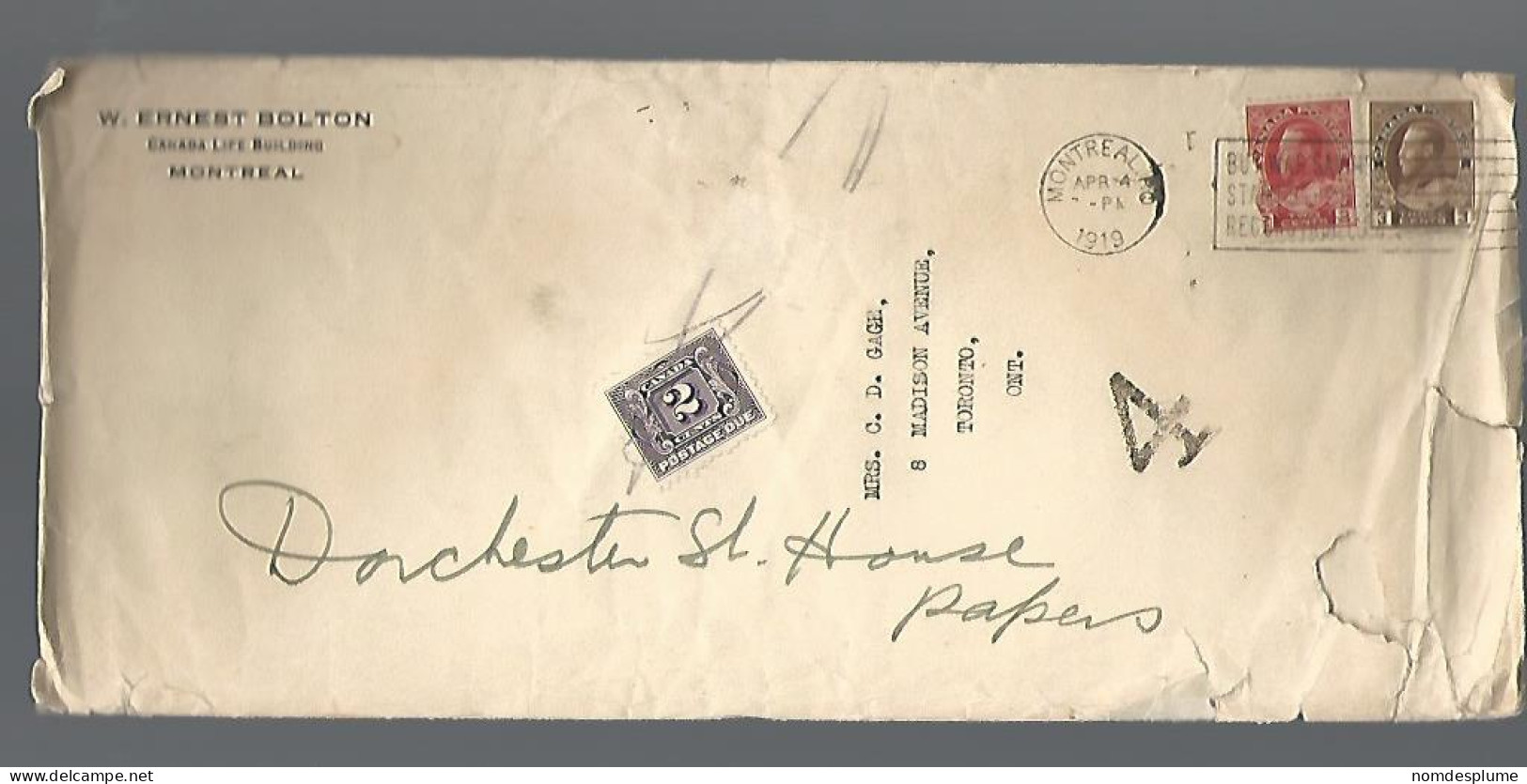 58191) Canada Postage Due  Montreal Postmark Cancel Slogan 1919 - Port Dû (Taxe)