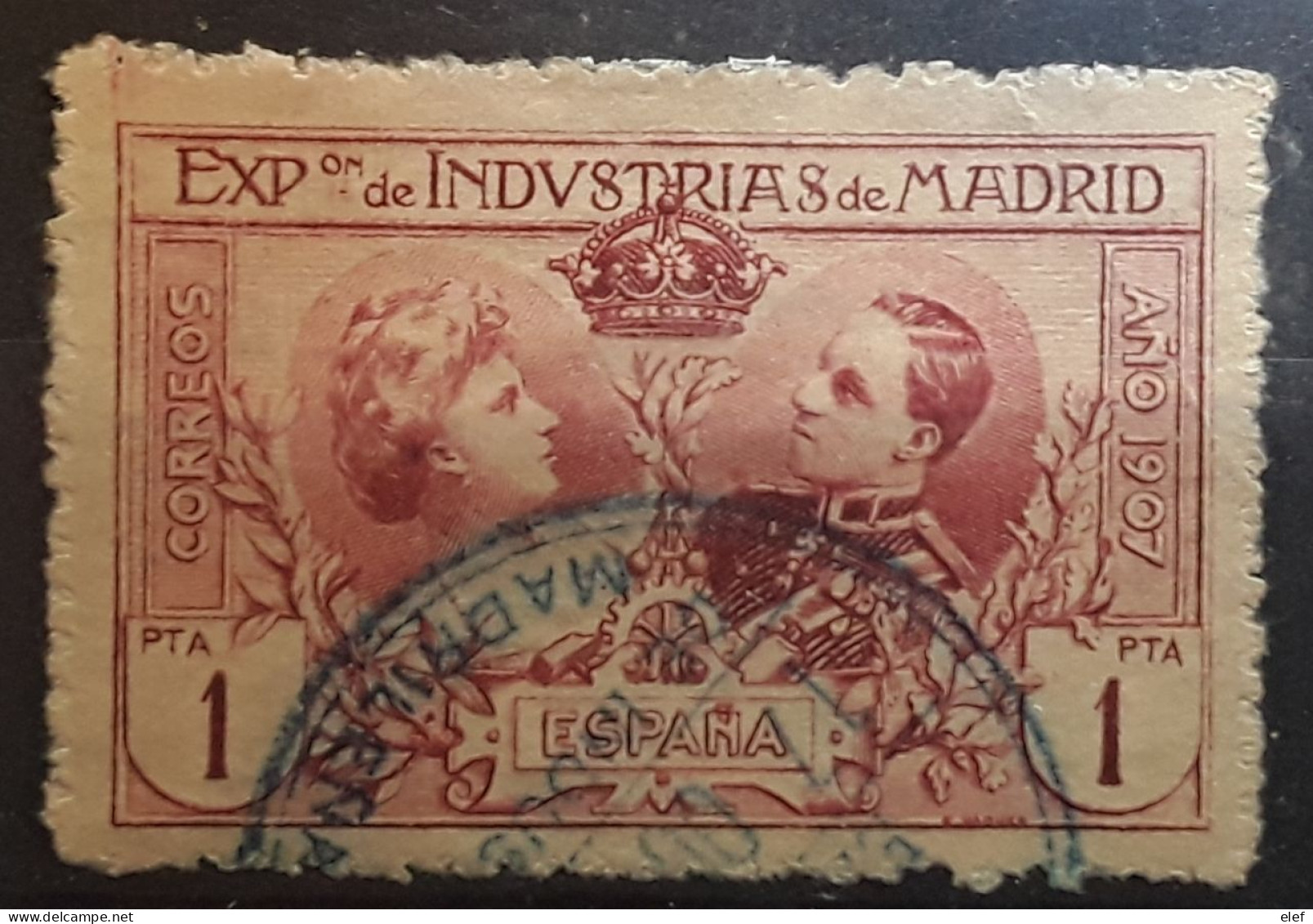 ESPANA ESPAGNE SPAIN 1907 Exposition De Madrid Reine Victoria / Alfonso XIII Yvert 240 ,1 Peseta Carmin Obl  TB - Usados