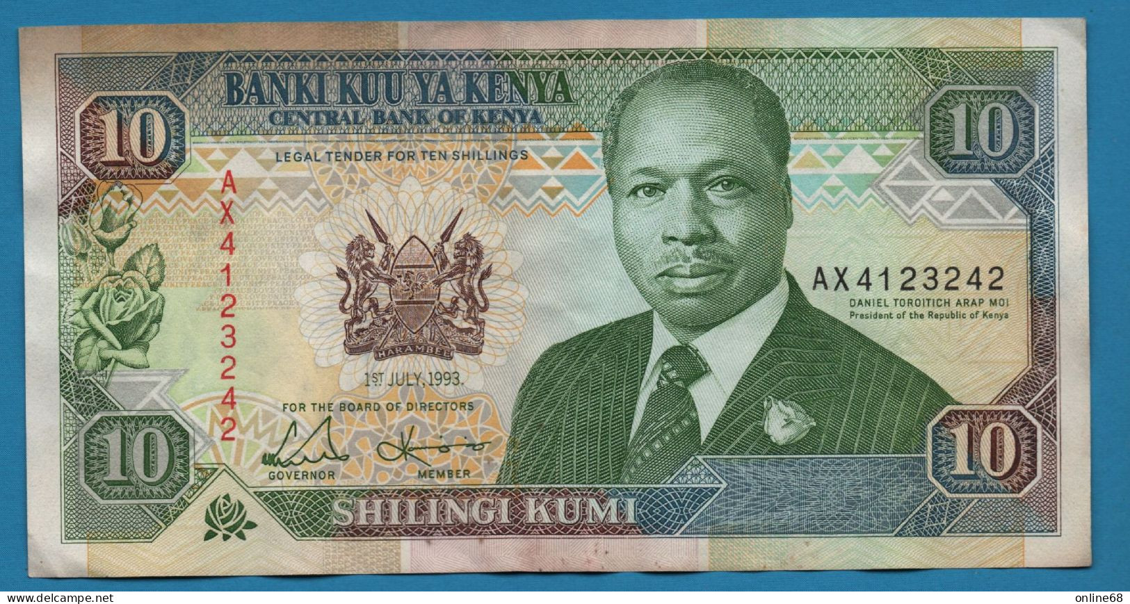 KENYA 2 X 10 SHILINGI 01.07.1993 # AX4123242 + 243  P# 24e President Daniel Toroitich Arap Moi SUBS # No - Kenya