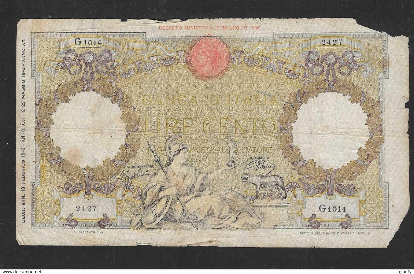 REGNO VITTORIO EMANUELE III 100 LIRE "AQUILA ROMANA" CON FASCIO 13.02.1943 - 100 Liras