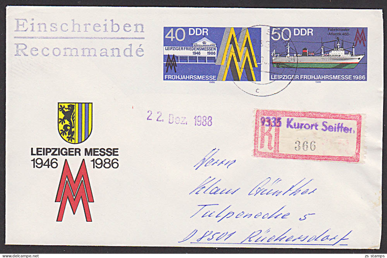 Leipziger Messe 1986, DDR U4 R- Bf Aus Kurort Seiffen Nach Der BRD Rückersdorf, Aushilfs-R-Zettel - Enveloppes - Oblitérées