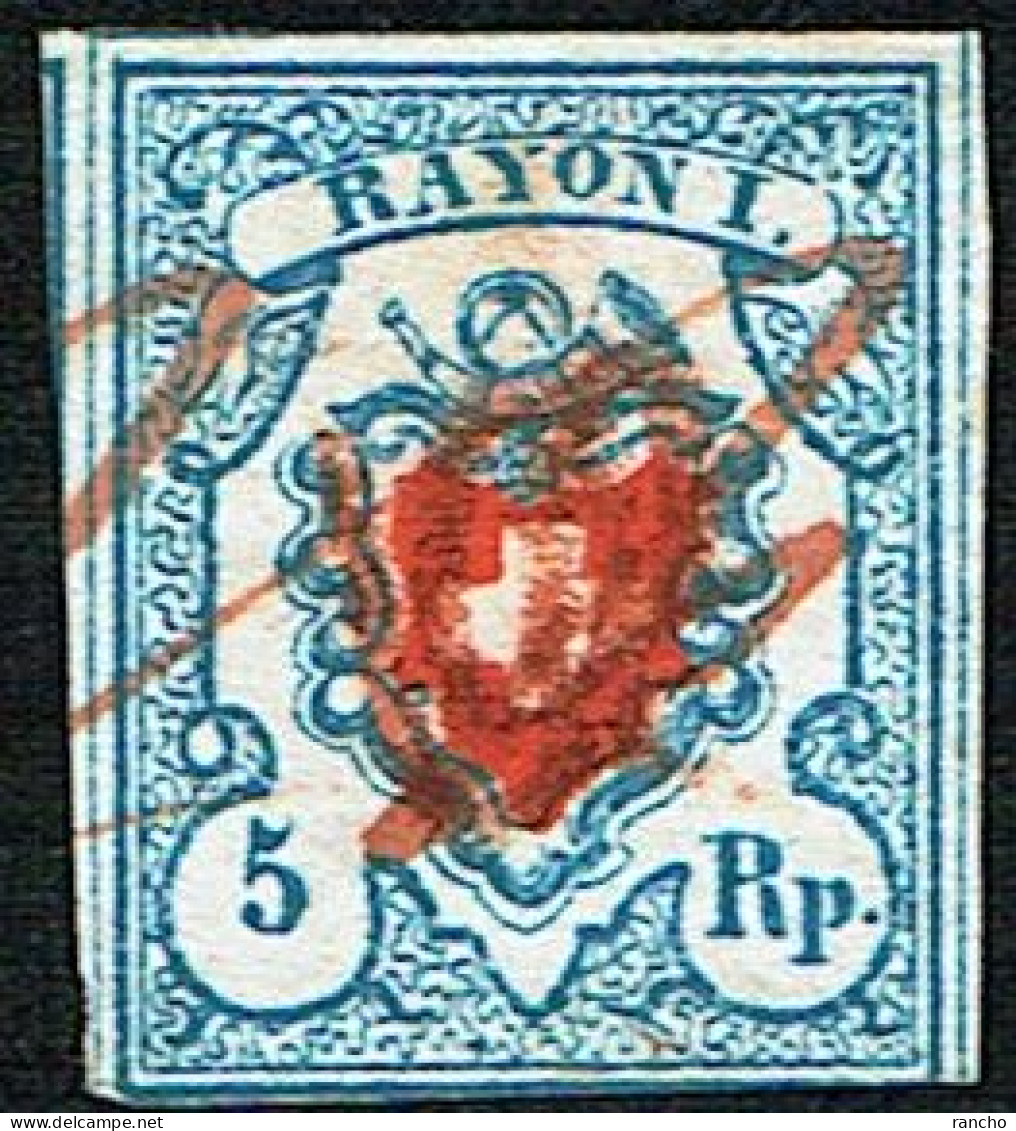 TIMBRE OBLITERE . PAPIER MINCE BLEU CLAIR CROIX NON ENCADREE 1851 C/.S.B.K. Nr:17II.Ab4. Y&TELIIER Nr:20. - 1843-1852 Kantonalmarken Und Bundesmarken