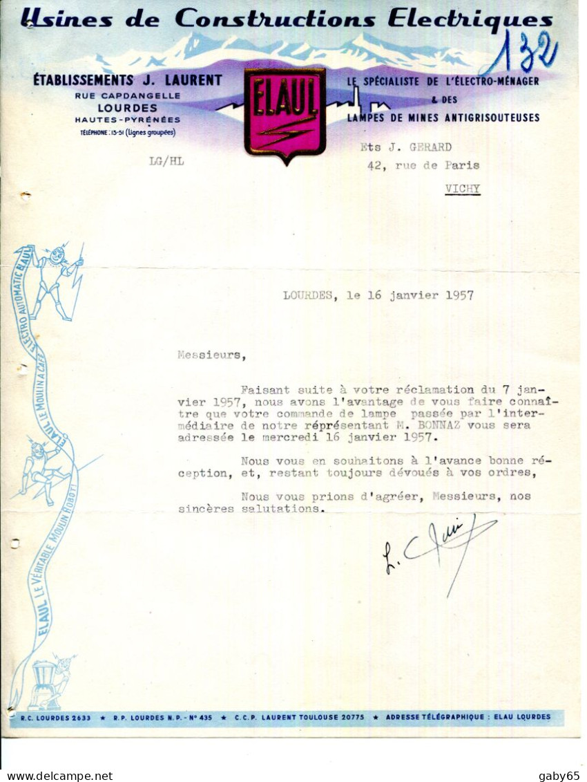 FACTURE.LOURDES.USINE DE CONSTRUCTIONS ELECTRIQUES.LAMPES DE MINES ANTIGRISOUTEUSES.Ets.J.LAURENT . - Elektriciteit En Gas