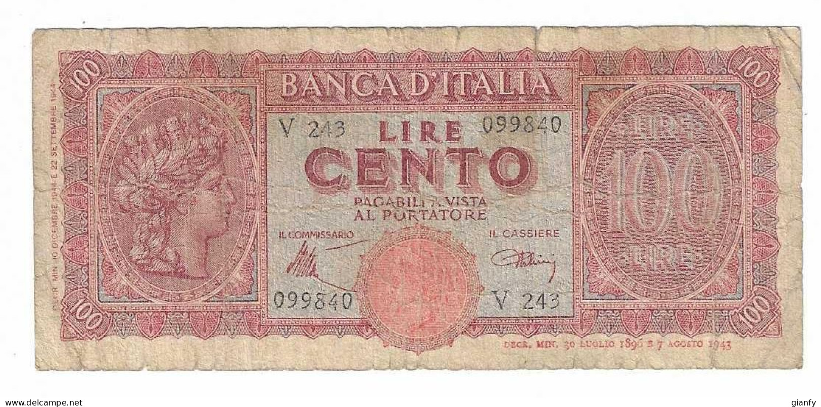 LUOGOTENENZA 100 LIRE "ITALIA TURRITA" 10.12.1944 B - 100 Liras