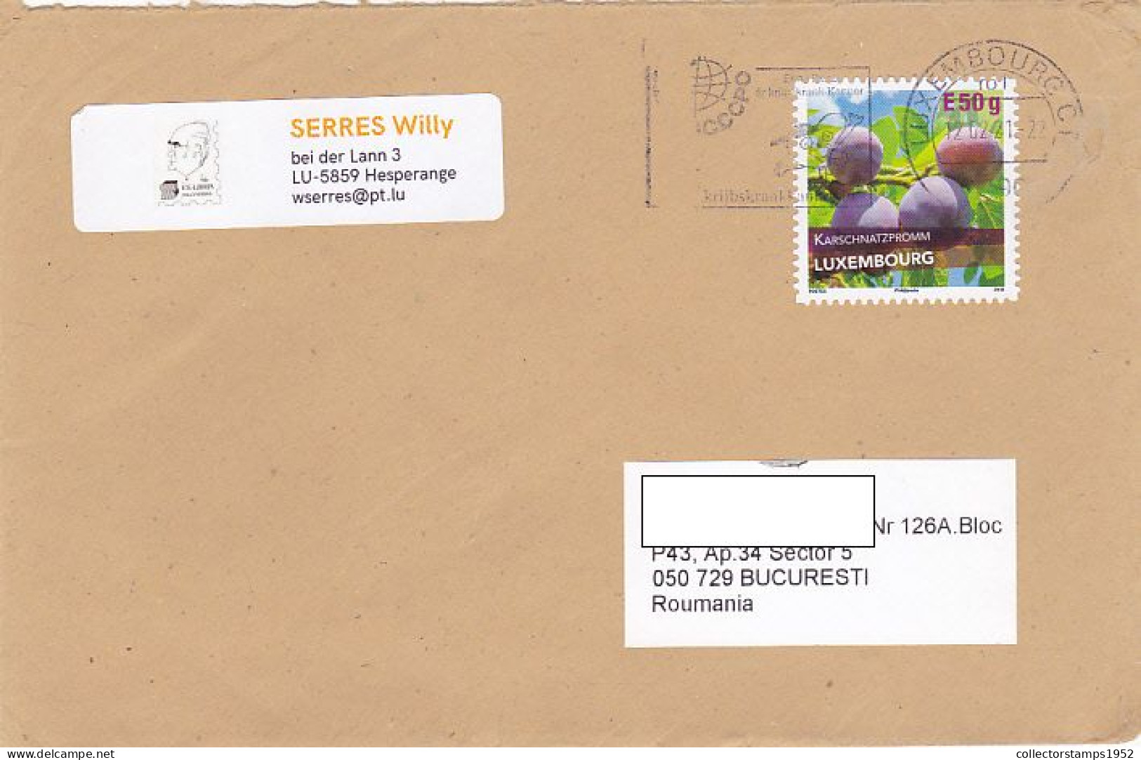 PLUMS, FINE STAMP ON COVER, 2021, LUXEMBOURG - Brieven En Documenten