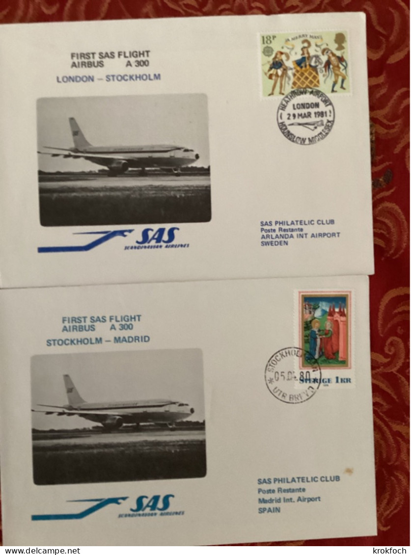 SAS Stockholm London Madrid 1980 - First Flight Airbus - Erstflug 1er Vol - Storia Postale