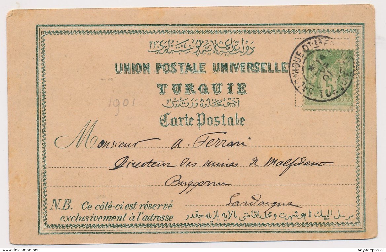 CARTE BFE CONSTANTINOPLE Qtier FRANC TURQUIE SAGE 5C BUGGERRU SARDAIGNE TURKEY CARD - Storia Postale