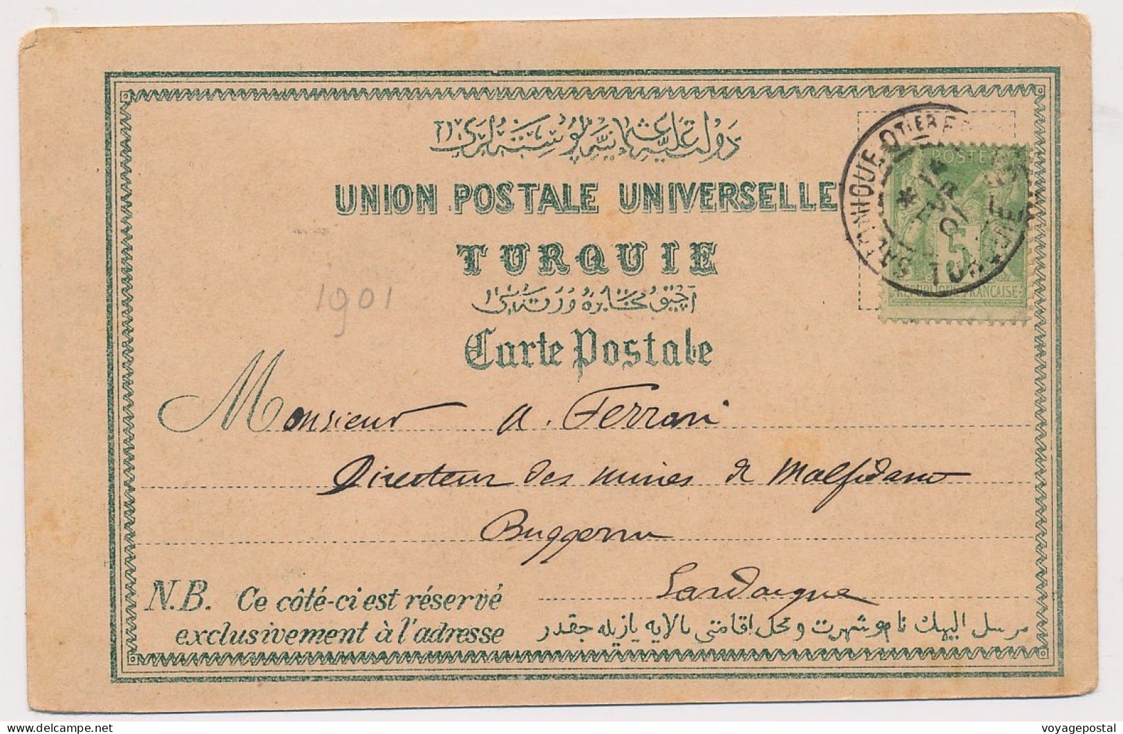 CARTE BFE CONSTANTINOPLE Qtier FRANC TURQUIE SAGE 5C BUGGERRU SARDAIGNE TURKEY CARD - Covers & Documents