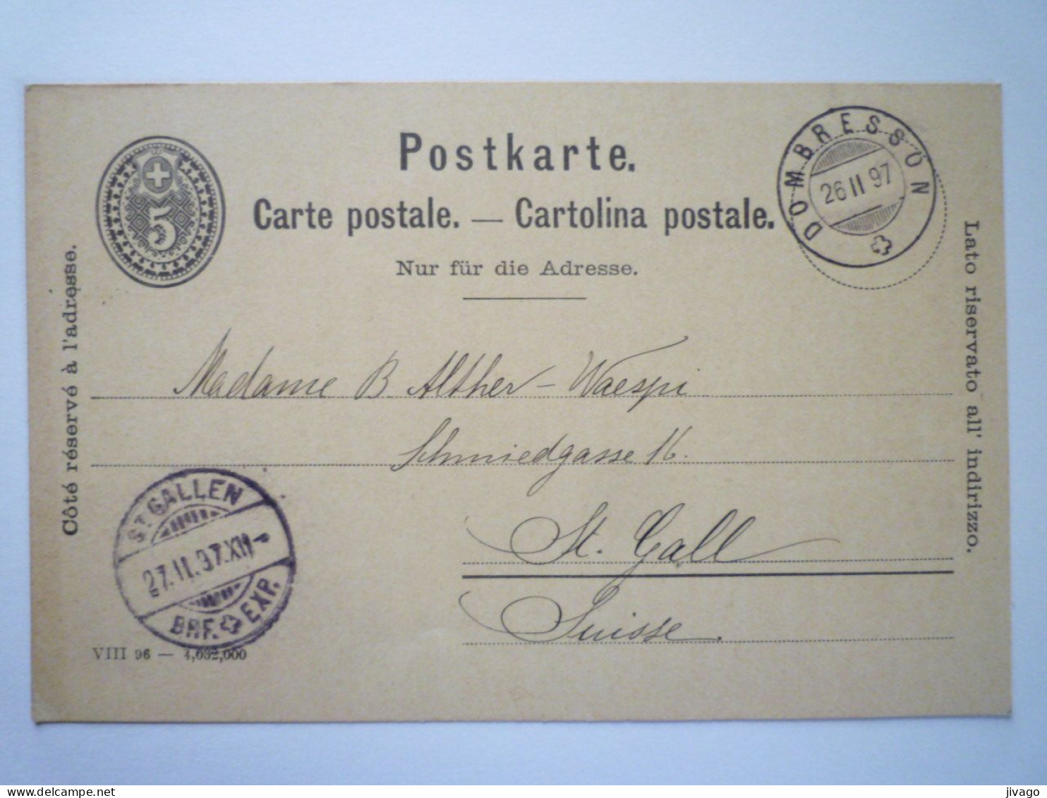 2023 - 854  ENTIER POSTAL Au Départ De  DOMBRESSON  à Destination De ST. GALLEN  1897   XXX - Entiers Postaux