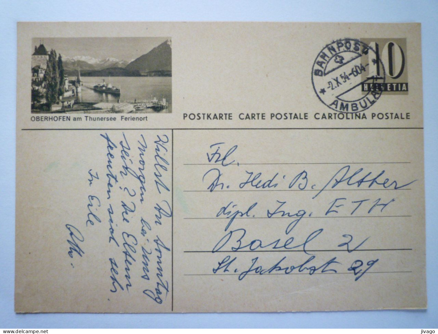 2023 - 862  ENTIER POSTAL Au Départ De  BAHNPOST  AMBULANT  à Destination De BASEL  1954   XXX - Entiers Postaux