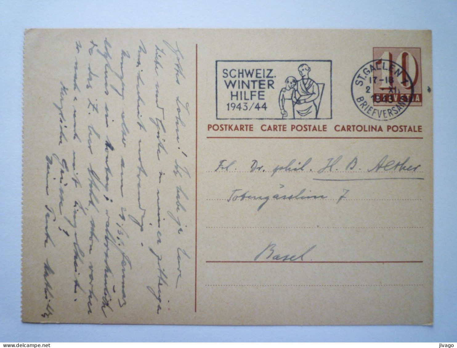 2023 - 870  ENTIER POSTAL Au Départ De ST. GALLEN  à Destination De BASEL  1943   XXX - Entiers Postaux