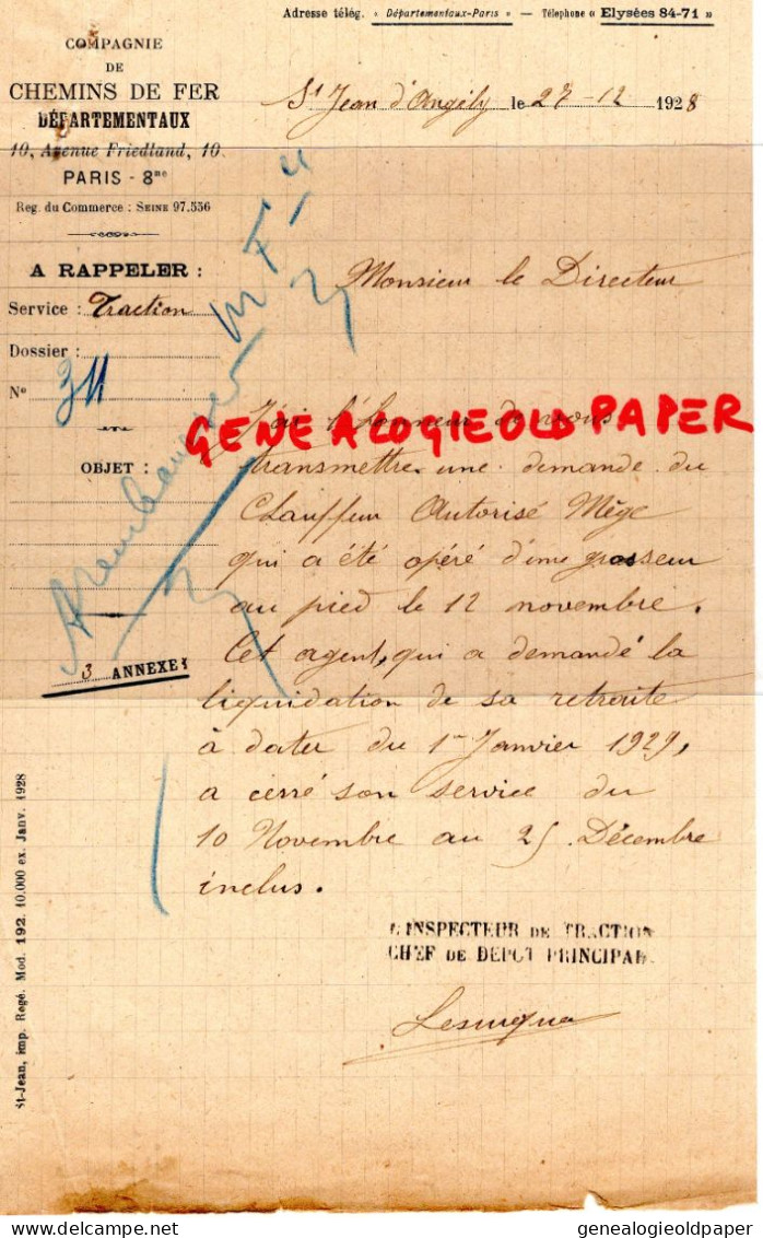 17- ST SAINT JEAN ANGELY- LETTRES CHEMINS DE FER DEPARTEMENTAUX-PARIS- INSPECTEUR M. LESURQUE SERVICE TRACTION M. MEGE- - Historische Dokumente