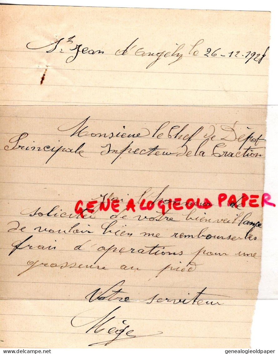 17- ST SAINT JEAN ANGELY- LETTRES CHEMINS DE FER DEPARTEMENTAUX-PARIS- INSPECTEUR M. LESURQUE SERVICE TRACTION M. MEGE- - Historische Dokumente