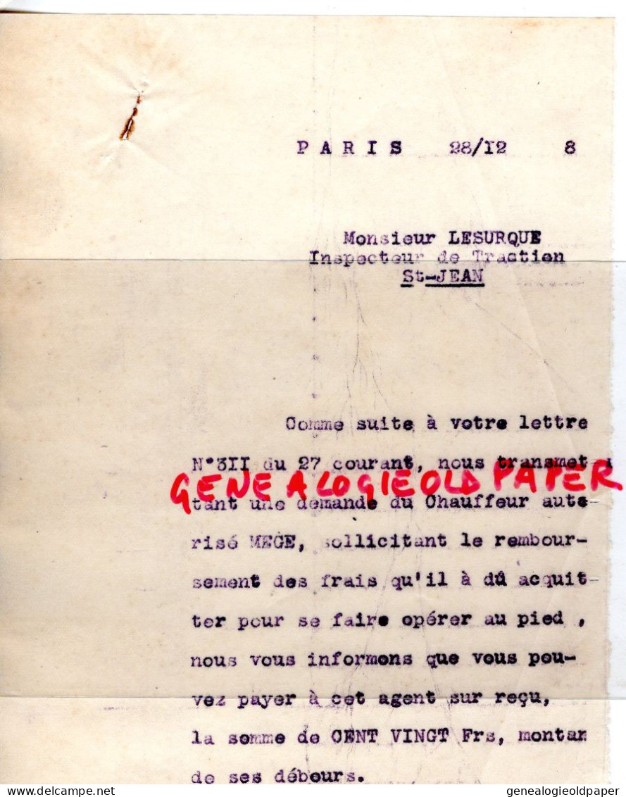 17- ST SAINT JEAN ANGELY- LETTRES CHEMINS DE FER DEPARTEMENTAUX-PARIS- INSPECTEUR M. LESURQUE SERVICE TRACTION M. MEGE- - Historische Dokumente