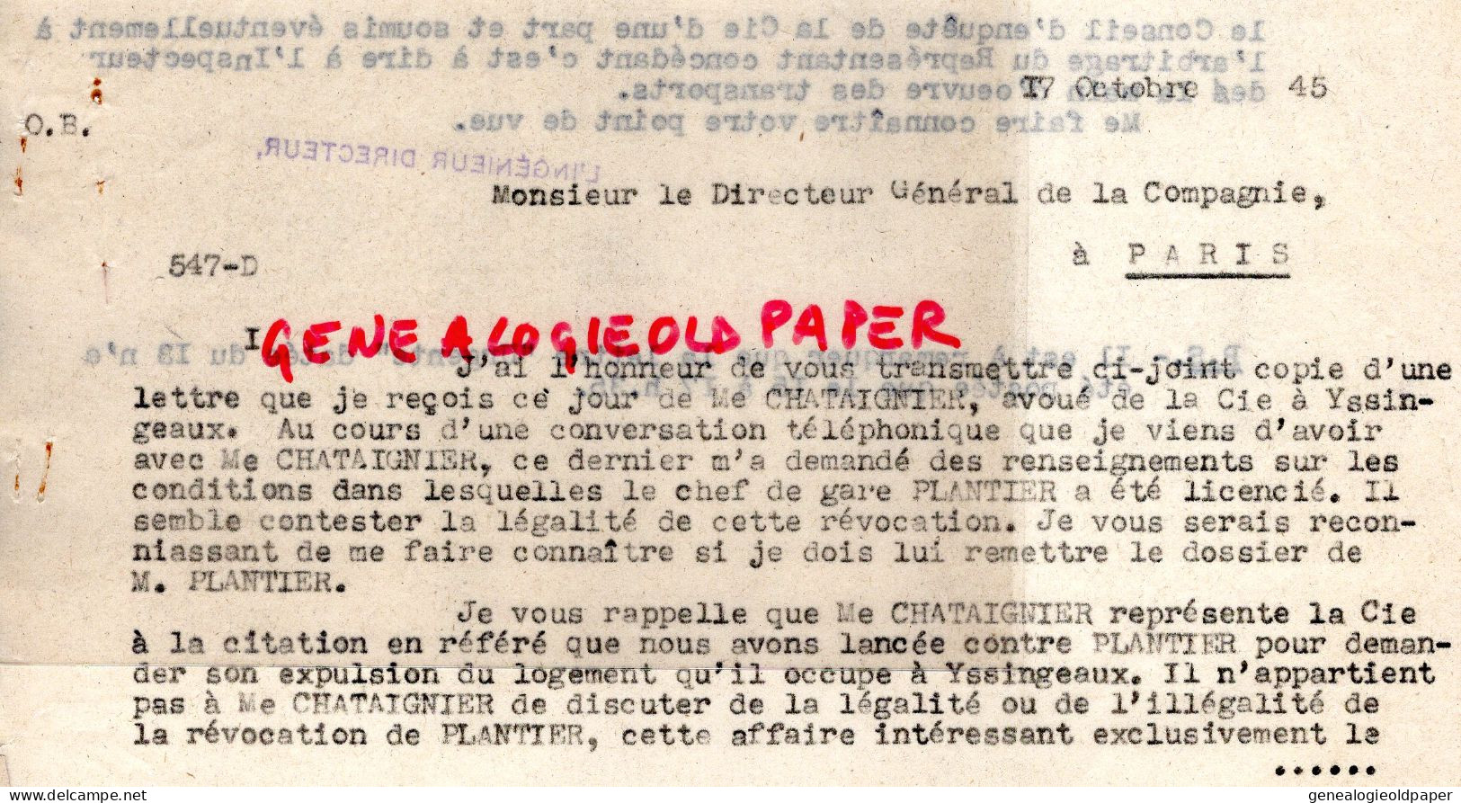 07- LE CHEYLARD-43- YSSINGEAUX-RARE LETTRE 1945 CHEMINS FER GABRIEL CHATAIGNIER  AVOUE-PLANTIER EX CHEF DE GARE- CHAPUIS - Documents Historiques