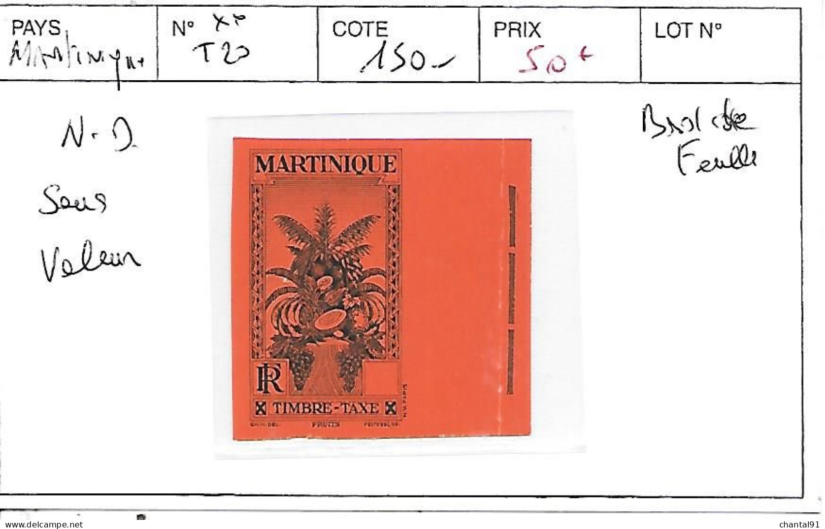 MARTINIQUE N° TAXE 20 ** BDF NON DENTELE SANS VALEUR - Timbres-taxe