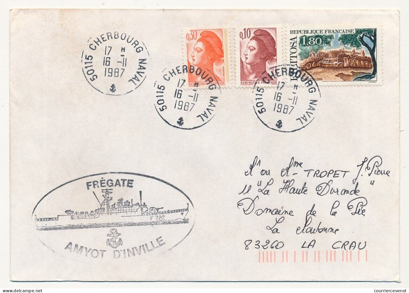 FRANCE - Env. Aff. Composé Cad 50115 Cherbourg Naval - 16/11/1987 + Frégate Amyot D'Inville - Poste Navale