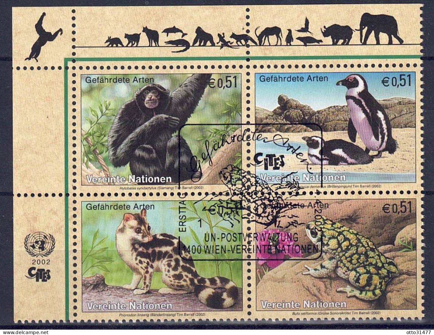 UNO Wien 2002 - Gefährdete Arten (X) - Fauna, Nr. 357 - 360 Zd., Gestempelt / Used - Oblitérés