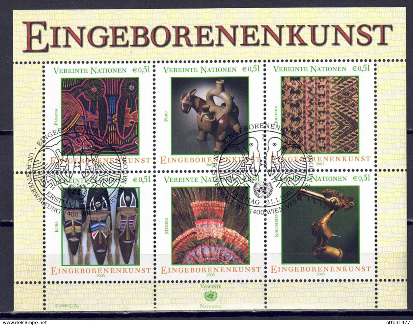 UNO Wien 2003 - Eingeborenenkunst (I),  Nr. 381 - 386 Im ZD-Bogen, Gestempelt / Used - Oblitérés
