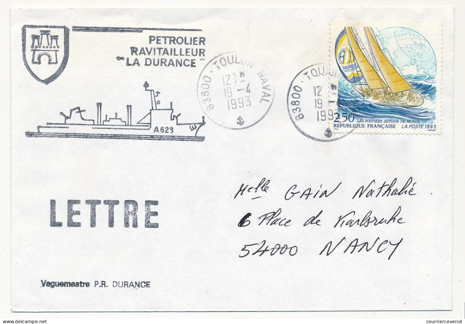 FRANCE - Env. Aff. 2,50 Bateau La Poste Cad 83800 Toulon Naval - 19/4/1983 + Pétrolier Ravitailleur La Durance - Poste Navale