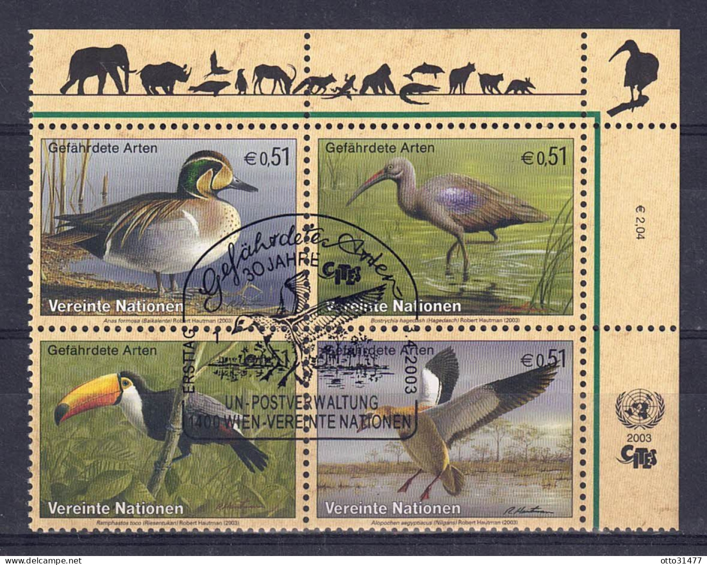 UNO Wien 2003 - Gefährdete Arten (XI) - Vögel, Nr. 389 - 392 Zd., Gestempelt / Used - Used Stamps