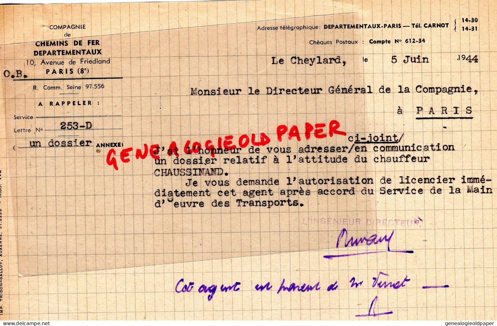 07- LE CHEYLARD-CHEMINS FER DEPARTEMENTAUX VIVARAIS LOZERE-CHAUFFEUR CHAUSSINAND-VIGOUROUX-PLANCHON-BLACHIER-1944 - Documentos Históricos