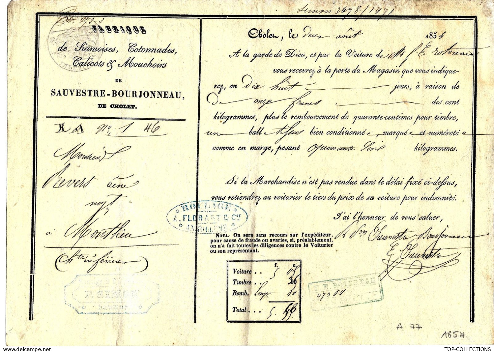 1854   ROULAGE TRANSPORT LETTRE DE VOITURE   Fabrique Tissus Sauvestre Bourjonneau Cholet Pour Revers Montlieu Charente - 1800 – 1899