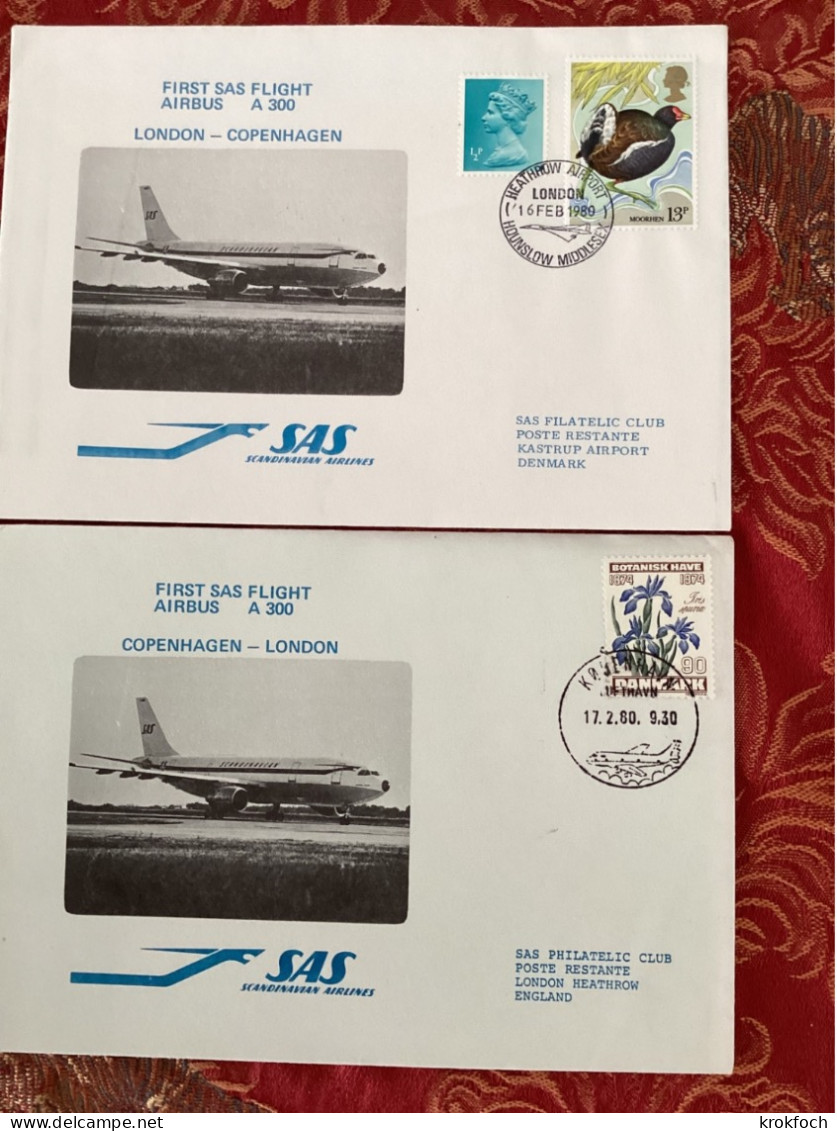 SAS Copenhagen Kobenhavn London 1980 - First Flight Airbus A/R - Erstflug 1er Vol - Storia Postale