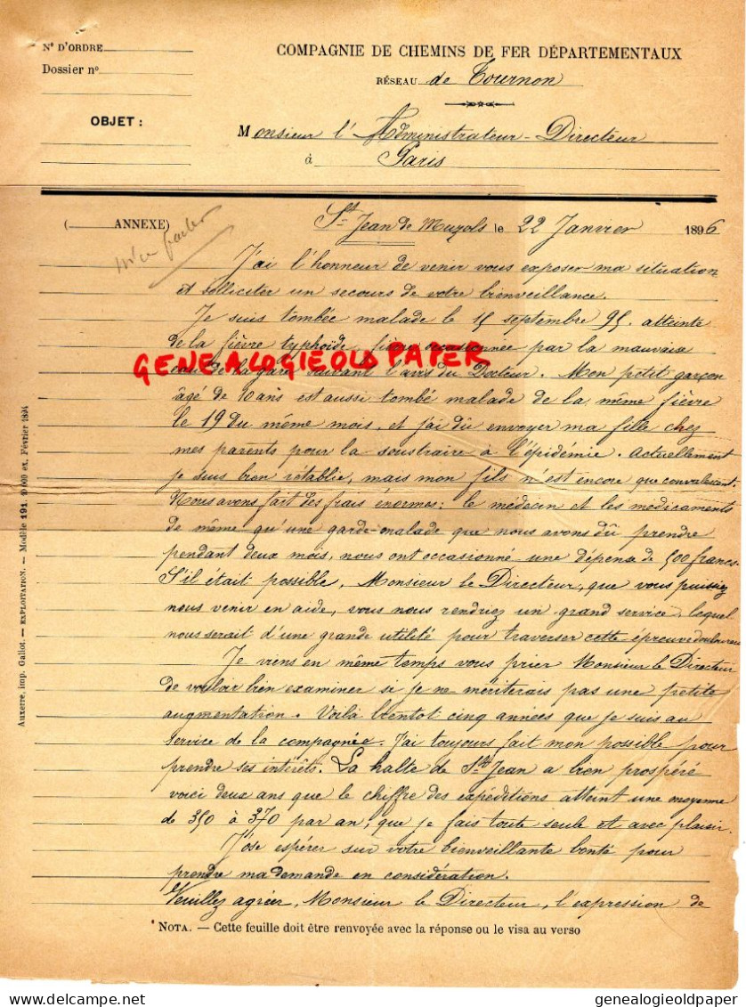 07- TOURNON- ST SAINT JEAN DE MUZOLS- CHEMINS DE FER DEPARTEMENTAUX-1896- RECEVEUSE HERMINIE CAPET FIEVRE THYPHOIDE - Documents Historiques