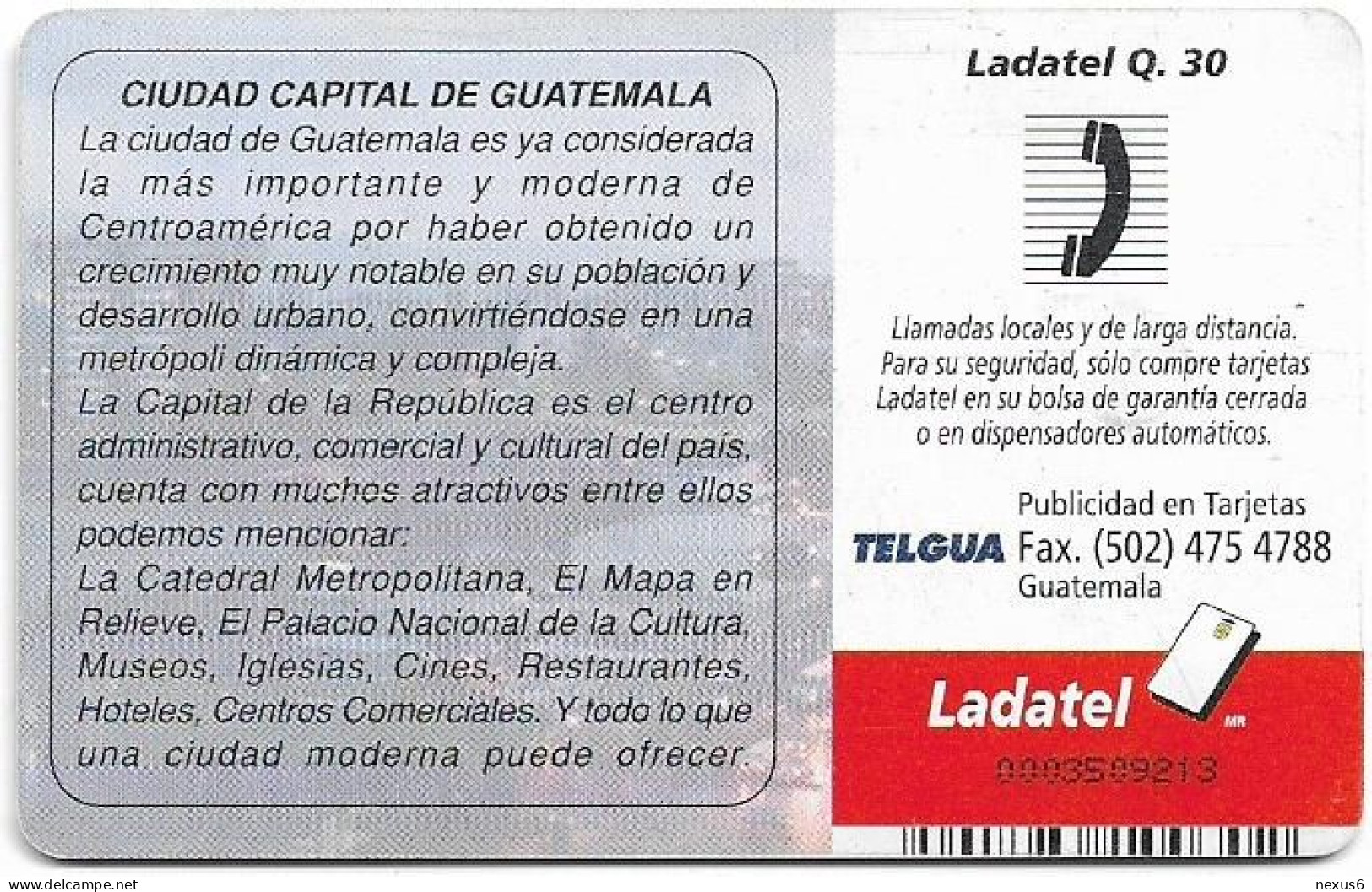 Guatemala - Telgua Ladatel - Guatemala City, Ciudad Capital De Guatemala, Gem5 Red, 2000, 30Q, Used - Guatemala