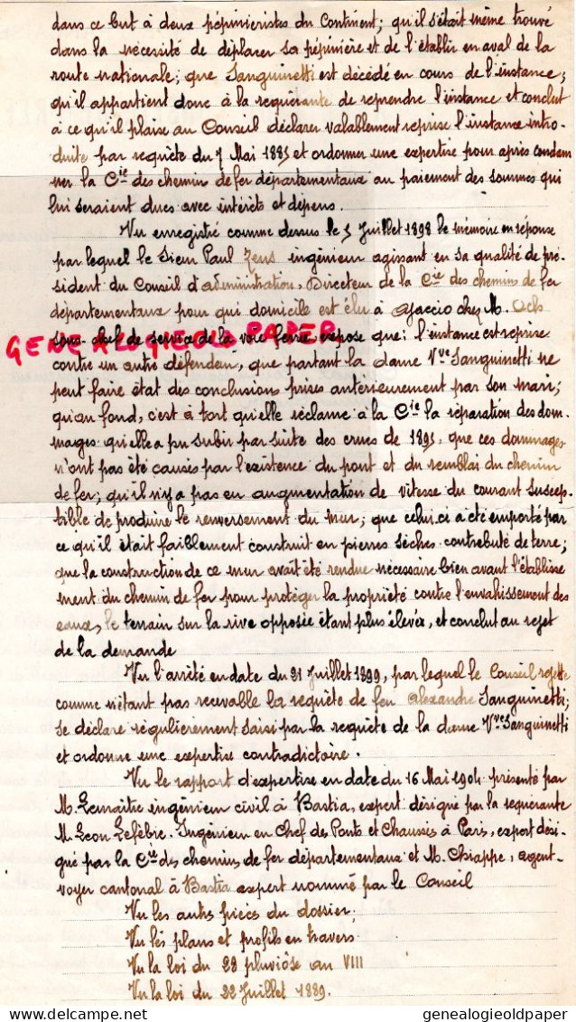 20-BASTIA-ARRET CONSEIL PREFECTURE 1908- CORSE-M. COLONNA-ALEXANDRE SANGUINETTI-CHEMINS DE FER -VITTORI-NARDINI-PONTARRA - Documentos Históricos