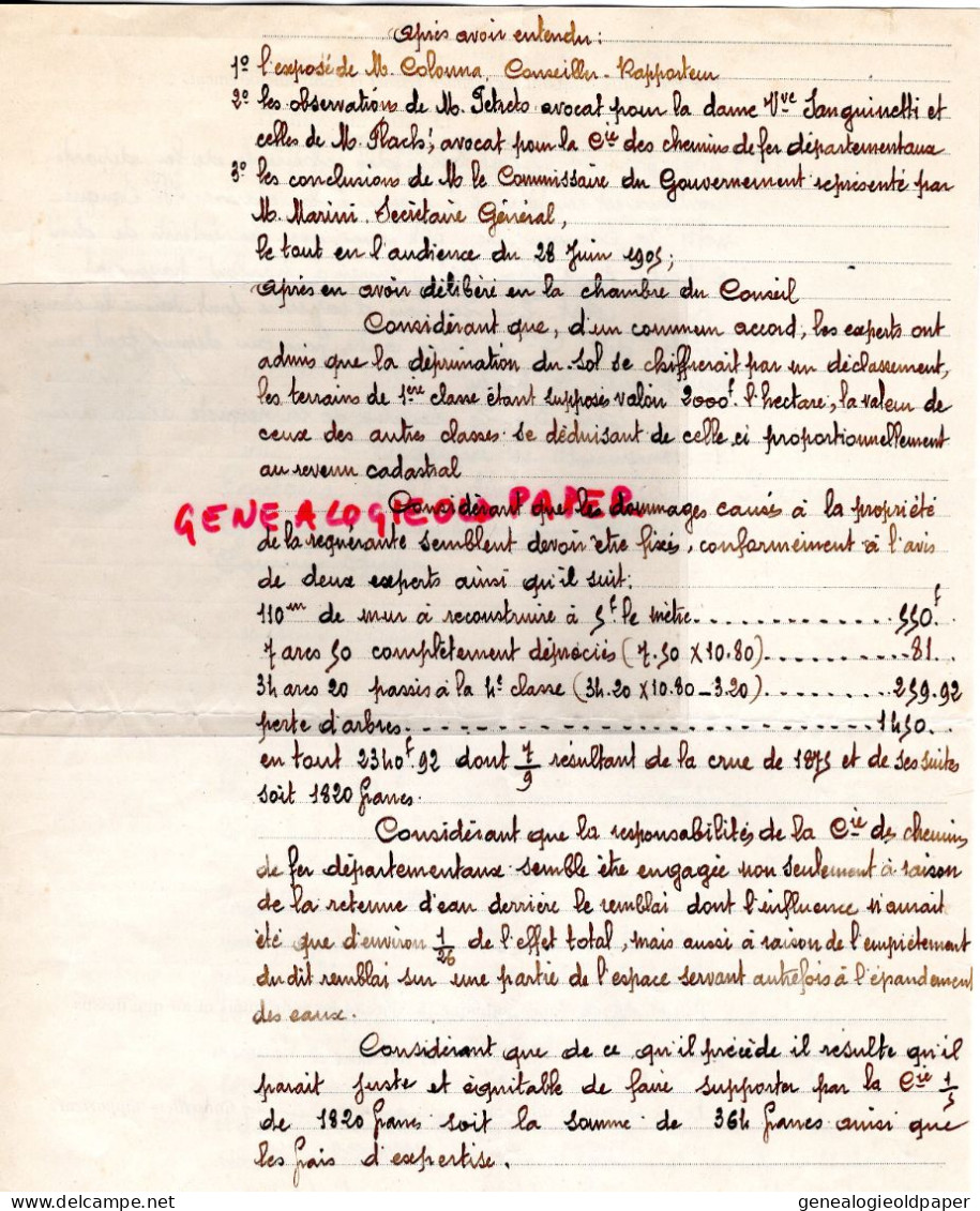 20-BASTIA-ARRET CONSEIL PREFECTURE 1908- CORSE-M. COLONNA-ALEXANDRE SANGUINETTI-CHEMINS DE FER -VITTORI-NARDINI-PONTARRA - Documentos Históricos