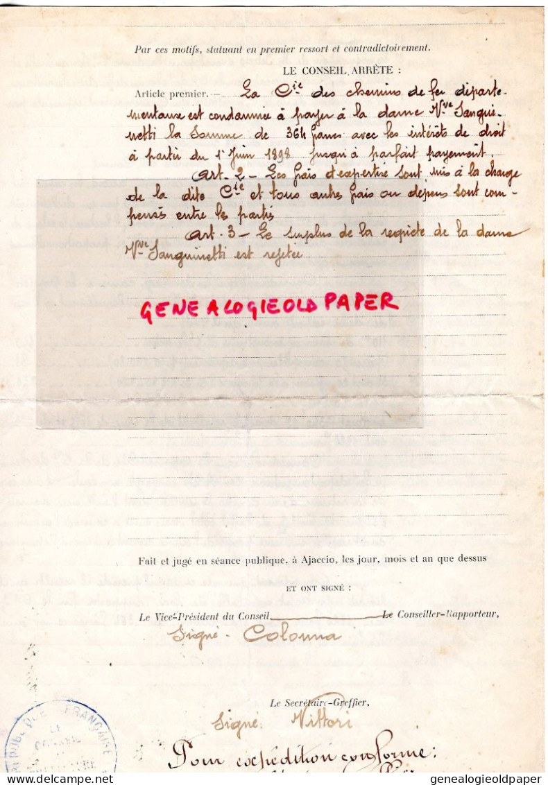 20-BASTIA-ARRET CONSEIL PREFECTURE 1908- CORSE-M. COLONNA-ALEXANDRE SANGUINETTI-CHEMINS DE FER -VITTORI-NARDINI-PONTARRA - Documentos Históricos