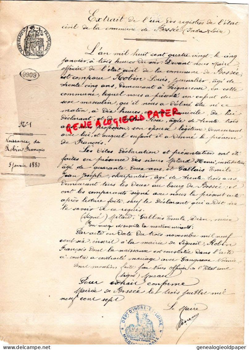 37- BOSSEE MAIRIE- LOUIS ROBIN JOURNALIER PEIGNEREAU-RODIN ROSE- HENRI MITARD INSTITUTEUR-EMILE GABLAIS CHARPENTIER-1880 - Documentos Históricos