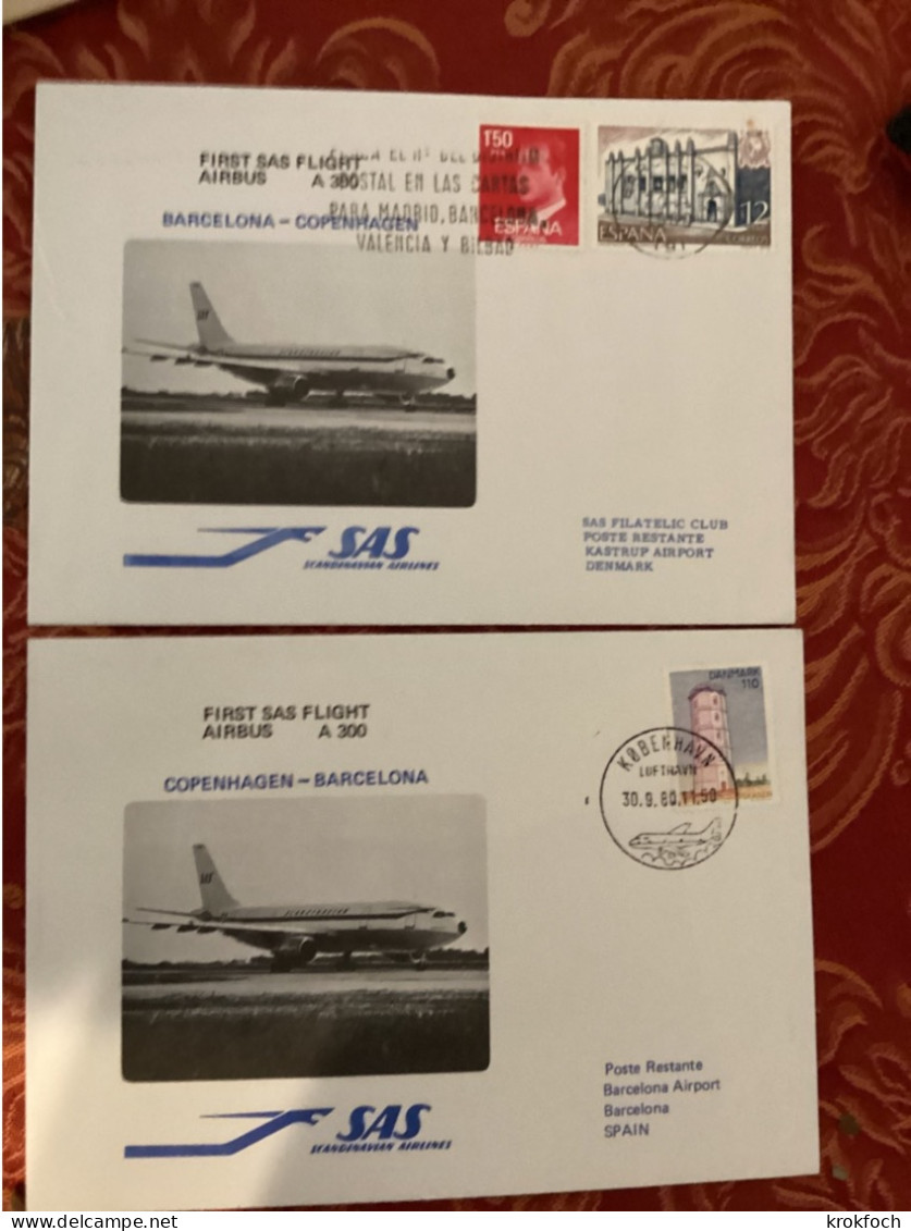 SAS Barcelona Kobenhavn Copenhague A/R 1980 - First Flight Airbus - Erstflug 1er Vol - Lettres & Documents