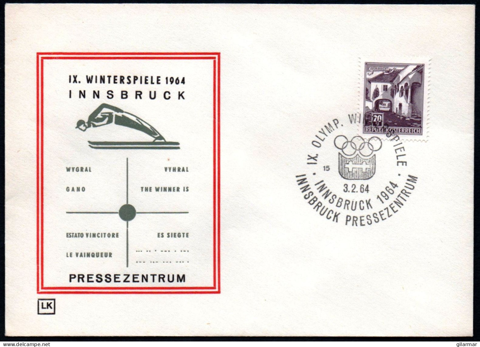 AUSTRIA INNSBRUCK 1964 - IX OLYMPIC WINTER GAMES - INNSBRUCK '64 - PRESS CENTRE - CANCEL # 15 - G - Hiver 1964: Innsbruck