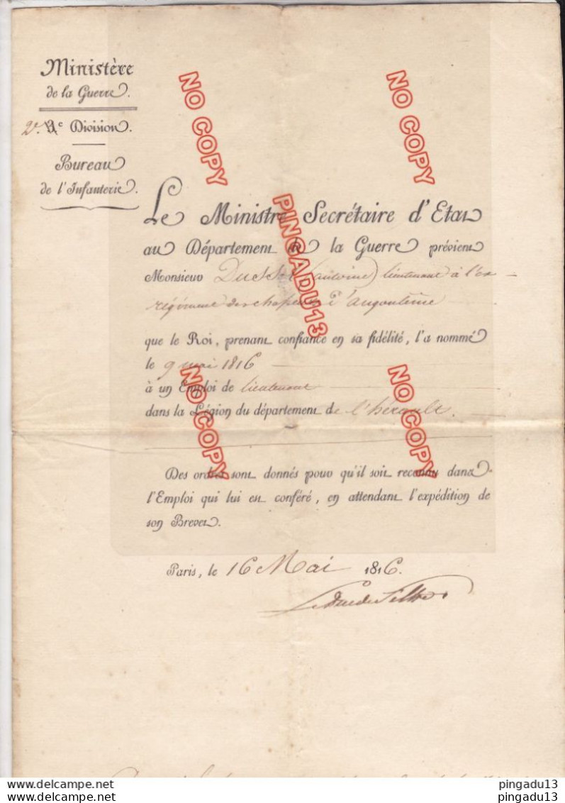 France Roi Louis XVIII Nomination Lieutenant Légion Hérault Lieutenant Ex Régiment Des Chasseurs D'Angoulême 16 Mai 1862 - Documents