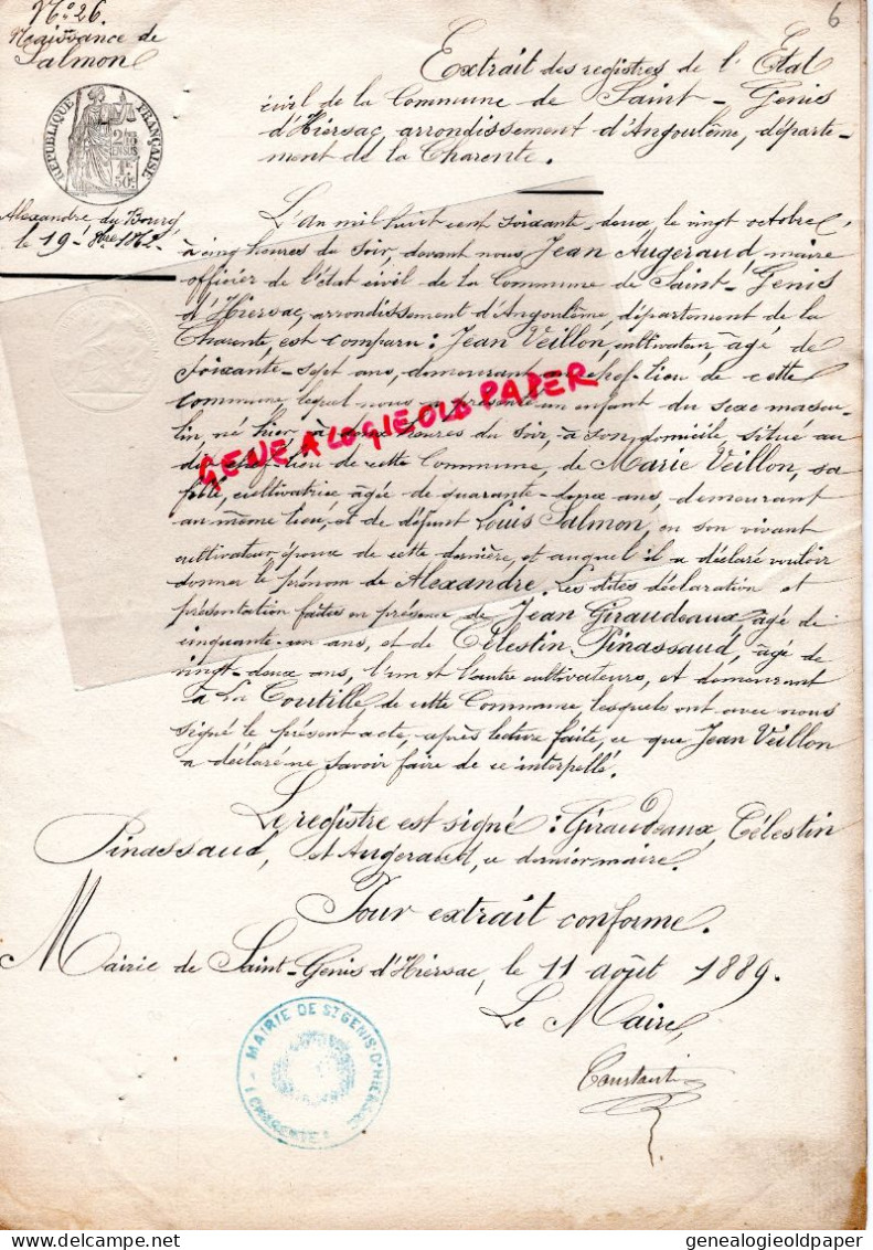 16-ST SAINT GENIS D' HIERSAC-ANGOULEME- ACTE NAISSANCE    ALEXANDRE DU BOURG 1862-JEAN AUGERON MAIRE-JEAN MARIE VEILLON - Documents Historiques