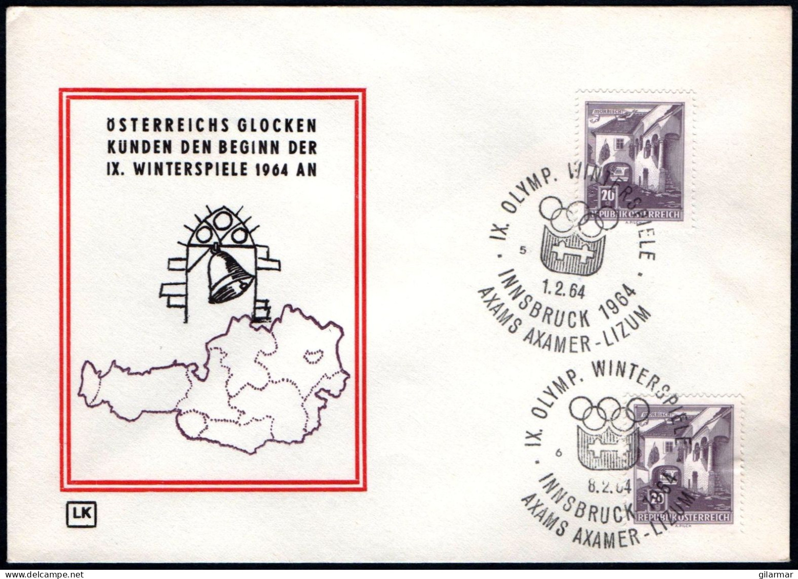 AUSTRIA AXAMS AXAMER - LIZUM 1964 - IX OLYMPIC WINTER GAMES - INNSBRUCK '64 - CANCELS # 6 & 5 - G - Winter 1964: Innsbruck