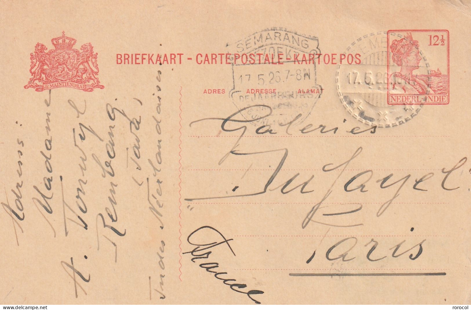 INDES NEERLANDAISES ENTIER POSTAL 1926 SEMARANG Pour Paris - Niederländisch-Indien