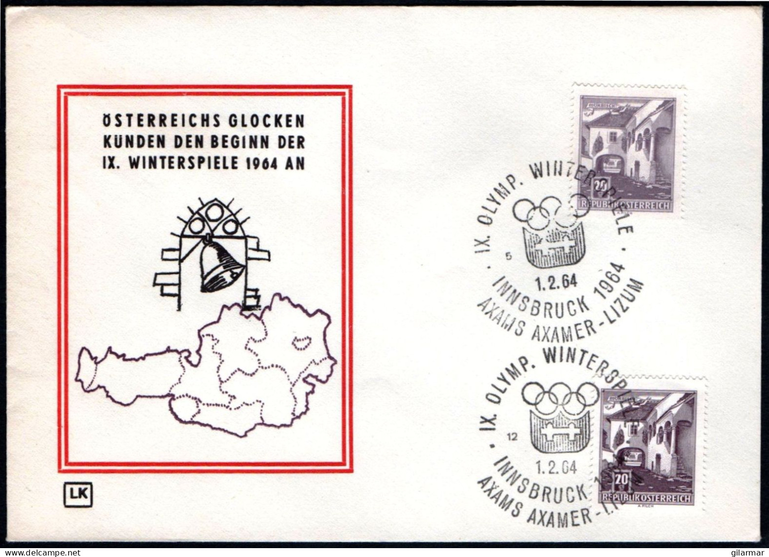 AUSTRIA AXAMS AXAMER - LIZUM 1964 - IX OLYMPIC WINTER GAMES - INNSBRUCK '64 - CANCELS # 12 & 5 - G - Winter 1964: Innsbruck