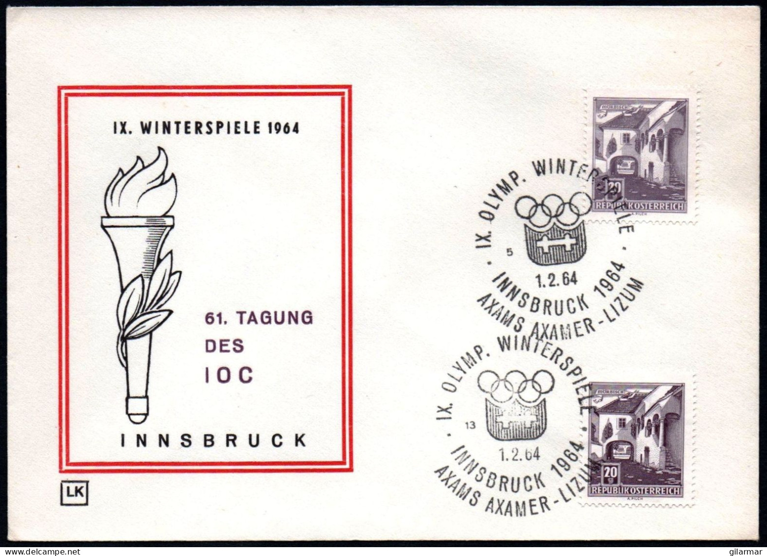 AUSTRIA AXAMS AXAMER - LIZUM 1964 - IX OLYMPIC WINTER GAMES - INNSBRUCK '64 - CANCELS # 13 & 5 - G - Winter 1964: Innsbruck