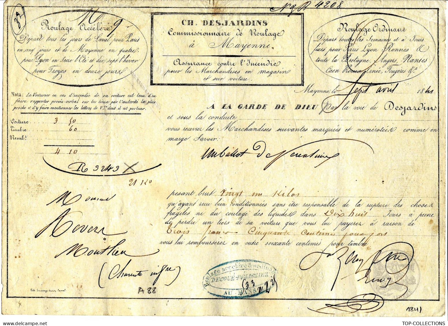 1841  LETTRE DE VOITURE ROULAGE TRANSPORT Ch. Desjardins à Mayenne Ballot De Percaline Pour Revert à Montlieu Charente - 1800 – 1899