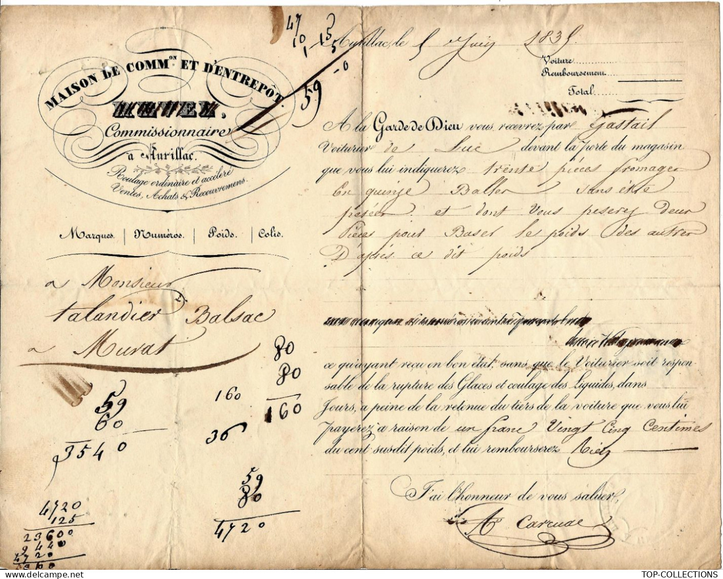 1839   ROULAGE TRANSPORT LETTRE DE VOITURE  Revel Carcuac Succ. À Aurillac => Murat Talandier Balzac Pièces De Fromage - 1800 – 1899